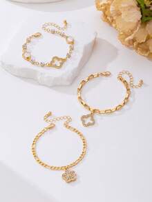 Set de 3 piezas de pulsera con colgante de trébol hueco de lujo con rhinestones, joyería elegante para mujeres