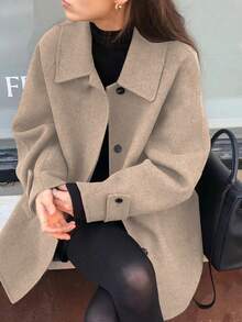 Women's Simple Solid Color Pocket Front Button Turndown Collar Raglan Sleeve Overcoat, Autumn/Winter - Lạc đà - Xem 2