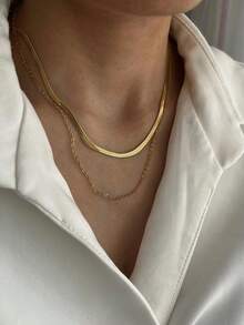 Nooxian 2件套金色不锈钢扁平蛇骨链女士项链 - 金黃色 - 查看 10