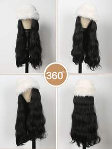 White(Black) Plush Hat Hair Extensions Hairpieces 26 Inch Long Wave Wigs With Synthetic Wig Soft Hairpiece Add Volume & Length Warm Screwed Cold-Resistant Curly Hairpieces Blonde For Winter Women Girls Daily Party Christmas Gift,Easily Create A Winter Vibe And Be Sophisticated And Convenient. - Natural Black - View 6