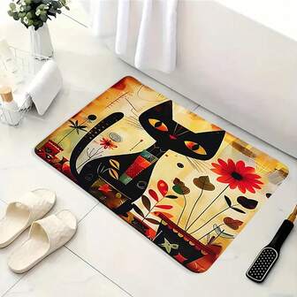 1 件装趣味猫咪向日葵浴室地毯 - 柔软、防滑、易清洁、可水洗涤纶材质，背面采用橡胶硅藻土 - 非常适合用于淋浴间、厨房、客厅和卧室地板。厨房地毯