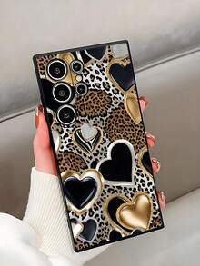 1pc Leopard Print Heart Shockproof Anti-Slip Black Phone Case Compatible With IPhone, Honor, Redmi, Galaxy, - Black - View 4
