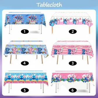 Disney 1pc Authorized Disney Stitch Themed Party Tablecloth, Boys Girls Birthday Party Disposable Tableware Set Decorations, Pink & Blue, Stitch Pattern Disposable Tablecloth, Party Decorations, Baby Shower Cake Table Decor
