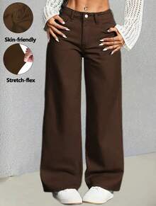 Women's Brown Wide Leg Jeans, Gringa Style, Fashion, High Waist, Loose Fit With Elastane, Comfortable And Stylish, Timeless Piece That Enhances The Body - 黑色 - 查看 5