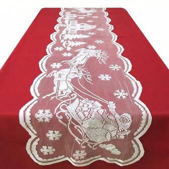 1pc Christmas White Lace Tablecloth, 72 Inches - Snowflake Santa And Reindeer Lace Tablecloth, Suitable For Festive Table Decora