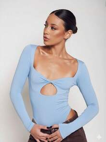 Low-Cut Bodysuit With Long Sleeves, Comfort And Style - Baby Blue - View 2