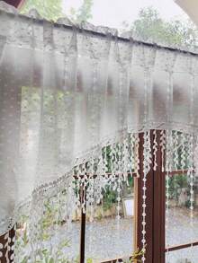 1pc Beaded Arched Lace Door Curtain Valance With Tassel White Pompoms Pattern Princess Style Sheer Short Cafe Curtain For Kitchen Bathroom Window Rod Pocket Top - White - View 9