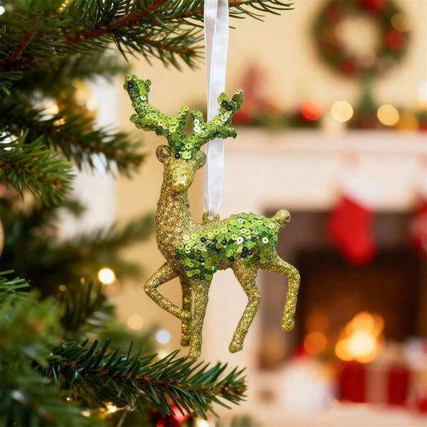 Christmas Decorative Green Reindeer Ornaments, Cute Glitter Sequin Snowflake Christmas Tree Hanging Decors