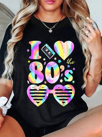 100% Cotton I Love The 80's I Heart The 80s Tie Dye Colorful 90's T-Shirt Women's Men's Graphic Tee Crew Neck Summer Vacation Tops