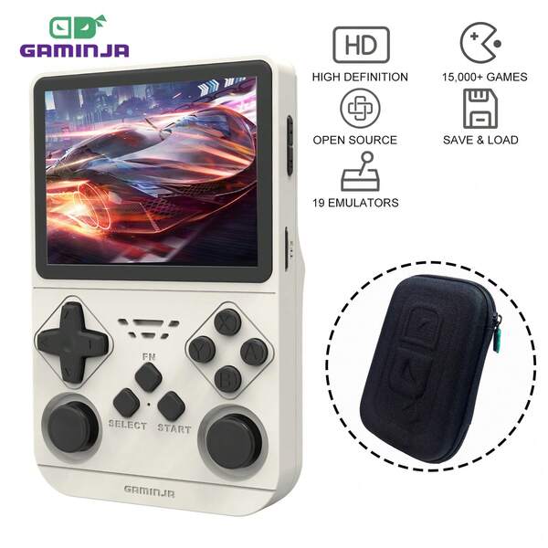 GAMINJA Open Source Retro Handheld Game Console, Includes Portable Carrying Case, 64GB Memory Card, Linux OS, 19 Emulators, 3.5" IPS HD Screen, Supports Online Multiplayer, Portable Handheld Game Device