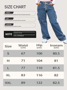 Women's Workwear Wide-Leg Jeans - Mid-Waist Drawstring Waistband Multi-Pocket Work Pants, Fashionable Casual And Social Outing - 中等水洗藍 - 查看 7