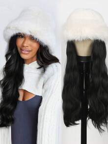White(Black) Plush Hat Hair Extensions Hairpieces 26 Inch Long Wave Wigs With Synthetic Wig Soft Hairpiece Add Volume & Length Warm Screwed Cold-Resistant Curly Hairpieces Blonde For Winter Women Girls Daily Party Christmas Gift,Easily Create A Winter Vibe And Be Sophisticated And Convenient. - Natural Black - View 9