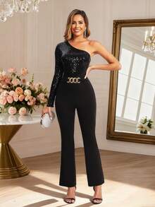 Women's Glam Party SequinLong Sleeve Jumpsuit OneShoulder Design WithContrast Sequins And HighStretch For Special OccasionsOne-Shoulder Sequindetail, Velvet Wide-Leg Stylegold Chain Belt, Festive Partyglamorous Jumpsuitautumn.Winter, New Year Look , Black - Black - View 1