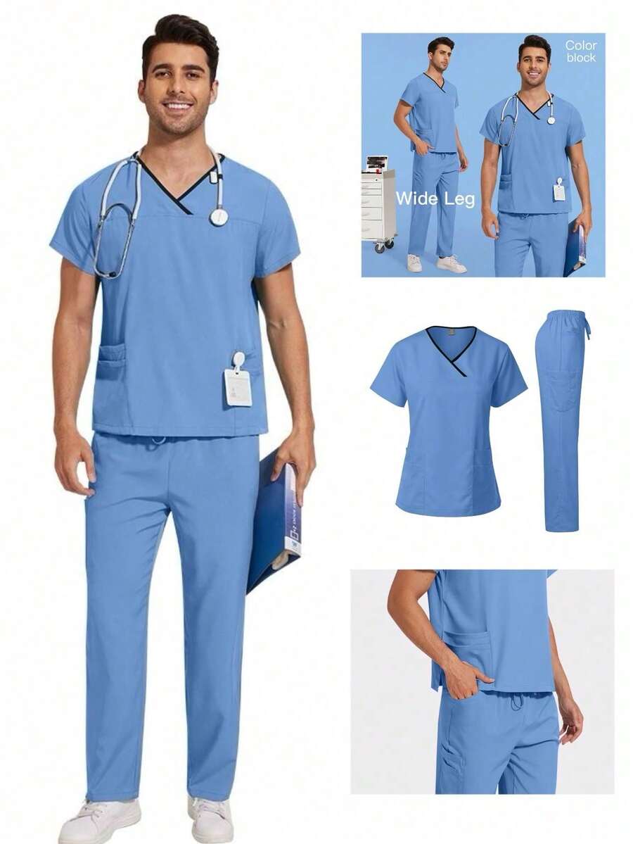 Men's Summer Contrast Trim Short Sleeve Top And Pants Set, Nurse/Doctor/Veterinary/Caregiver Uniform