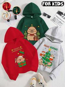 3 peças/peça única, tema de Natal, os personagens principais vestidos para o Natal estão aproveitando seu jantar de Natal, moletom casual de algodão com ombros caídos, curvas confortáveis e forrado de lã grande, mistura de algodão solta e confortável grande, adequado para passeios de outono e inverno, moletom unissex de cor sólida. Para crianças - 3 peças multicoloridas - Ver 1