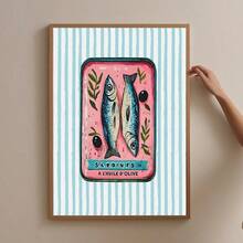 1pc Tinned Sardine Pink Wall Art Picture Fish Prints Canvas Paintings Sea Food Poster Aesthetic Decor For Bedroom, Living Room, Or Office Room Decoration Gift Fo Her, Unframed Or Framed - 彩色 - 查看 4