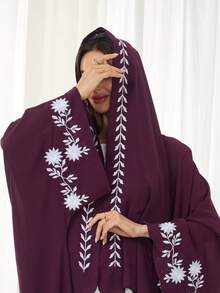 1pc Elegant Leaf Embroidered Hijab + Open Abaya, Classic & Fashionable Muslim Clothing For Women's Daily Wear - 彩色 - 查看 1