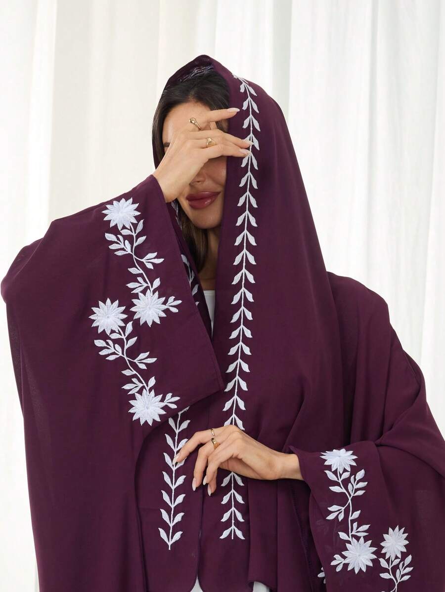 1pc Elegant Leaf Embroidered Hijab + Open Abaya, Classic & Fashionable Muslim Clothing For Women's Daily Wear - 彩色 - 查看 1