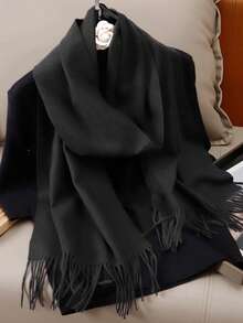 1 件时尚优雅纯色羊毛保暖羊绒围巾，男女通用休闲流苏防寒披肩，适合日常穿着，秋冬