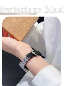 1条不规则银色镶钻金属缝制荔枝纹皮革表带，兼容表带S11/10/9/8/7/6/5/4/3/2/1/SE/Ultra系列，尺寸38/40/41/42/44/45/46/49毫米，柔软舒适，适合手腕佩戴，女士礼物，智能表带配件 - 黑銀 - 查看 9