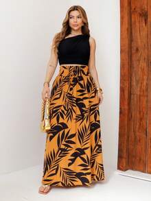 Flowy Summer Skirt, Tropical Green And White Leaves Print, Draped Waistband With Drawstring, Boho Chic Style - 薑色 - View 2
