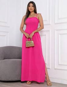 Elegant Long Dress With Adjustable Elasticated Straps And Side Slit. - Hot Pink - View 1