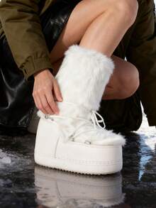 Faux Fur Snow Boots For Women Fuzzy Fluffy Furry Lace Up Mid Calf Boots Winter Warm Fur Boots For Christmas - 白色2 - 查看 2