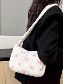 1 pezzo Borsa a spalla/sotto braccio elegante, versatile, di moda, con fiocco in peluche di colore solido, di grande capacità, adatta per l'uso quotidiano e il pendolarismo