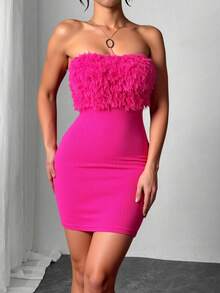 Vestido mini de cóctel sexy rosa sin tirantes y ajustado con detalle de piel sintética para mujer - Rosa Fucsia - Ver 2