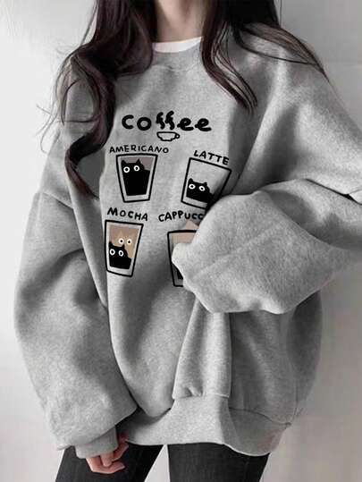 女式休闲宽松套头衫，咖啡杯字母印花，百搭秋冬装