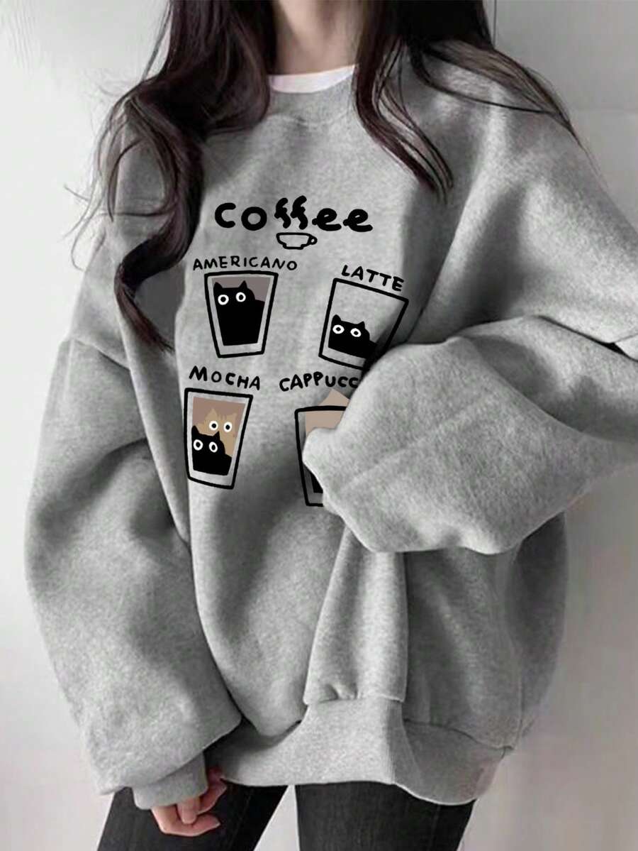 女式休闲宽松套头衫，咖啡杯字母印花，百搭秋冬装