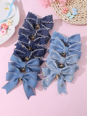 2pcs/10pcs Girls Denim Fabric Bow Sequin Star Hair Clips Set