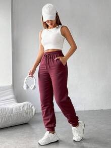 Pantalones Largos de Moda para Mujer - Cómodos y Casual con Bolsillos y Cintura Ajustable con Cuerda - Perfectos para el Día a Día - Vino tinto 2 - Ver 5