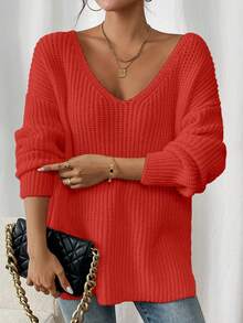 Plus Size Women's Solid Color V-Neck Dropped Shoulder Long Sleeve Loose Casual Knit Sweater, Pullover Style, Suitable For Autumn/Winter[Back To School Season] - Burnt Orange - View 4
