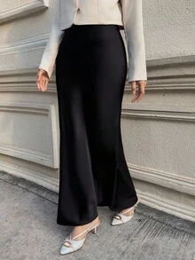 DAZY 女士缎面长款优雅美人鱼裙 Y2k 保守时尚 - 黑色 - 查看 9