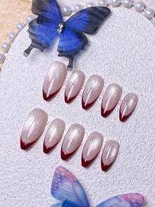 10片手工美甲贴纸，短指甲适用，法式美甲，红色、金色、白色、蓝色可选，圣诞主题美甲，可爱金色雪花十字架装饰，手工钻石堆叠圣诞树和雪花元素，附赠美甲工具，杏仁形美甲贴片，适合女性和女孩。 - 紅色 - 查看 4