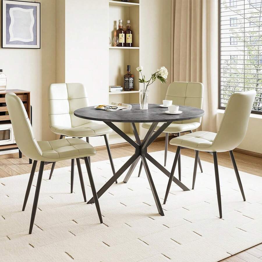 Dining Table And Chairs Set Of 2, Folding Round Dining Table With 2 PU Leather Chairs For Dining Room,Kitchen,Living Room - Gray Table + 4PU Beige Chair - View 1