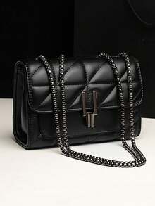 LEATVOOK Fashionable,Minimalist,Casual,Mini Square Bag Quilted Chain Flap PU Classic Quilted Detail Square Bag, Solid Color Flap Shoulder Bag, All-Match Chain Bag For Girl, Teen GirlsBest Mother's Day And Valentine's Day. - 黑色 - 查看 9