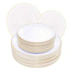 30/5pcs White With Gold Rim Dinnerware Set, Round Minimalist Elegant Design, Gold Cutlery, White And Gold Tableware, 7.5pcs/10.25inch Dinner/Dessert Plates, Suitable For Wedding Party, Party Supplies, Wedding Dinnerware, Fashionable Tableware, Decorative Plates, Premium Dinnerware, Dinnerware Set For Event Organizers, Catering - White - View 1