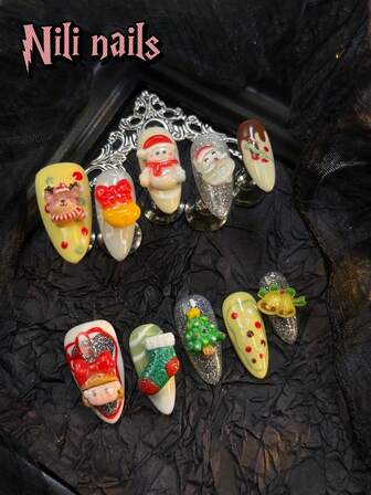 10 buc/set unghii false lucrate manual, în stil Crăciun Y2K, cu migdale, vopsite în galben, alb și roșu, cu accesorii precum Moș Crăciun, brad de Crăciun și ren, acrilice, acoperire completă, unghii false pentru femei, ocazii speciale, purtare zilnică, cadou excelent pentru femei și fete, potrivite pentru uz zilnic, Crăciun și Anul Nou, cu 1 dischetă de gel și 1 pilă de unghii.
