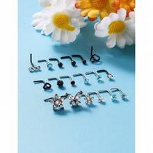 Surgical Steel Nose Ring 20G - Hypoallergenic Nose Studs With Cute Flat Opal Flower Diamond Heart - Straight L Shaped Purple, Pink, Black, Silver For Women Men Gift{"Color_name":"BlacklshapedNoseRingsStuds20G"} - 黑色L型鼻環耳環20G - 查看 7