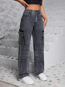 ZYANYA Jeans casuales de pierna ancha y larga para mujer con bolsillos y botones, detalles de cremallera, tejido muy elástico. - Gris - Ver 3