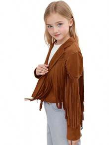 Girls Fringe Faux Suede Leather Jackets Kids Western Tassels Motorcycle Cardigan Cropped Coats (5-14 Years) - 棕色 - 查看 2