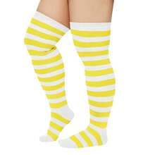 Zando Plus Size Thigh High Socks For Thick Thighs Women Striped Thigh High Stockings Over The Knee Socks Leg Warmers{"Size_name":"OneSize","Color_name":"YellowWhite"} - 黃白 - 查看 3