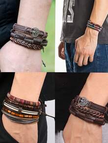 15 piezas Conjunto de pulseras versátiles de moda para hombres - Diseños de cuentas, madera, cuero, trenzado y tejido en estilos retro, punk y bohemio para uso diario y ocasiones
