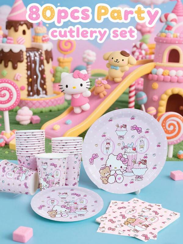 Sanrio 80 Stücke Set, Einweggeschirr, Cartoon-Hund mit großen Ohren, Einweg-Pappbecher mit Sanrio-Motiv, 7-Zoll-Pappbecher, 9-Zoll-Pappbecher, Taschentücher, Pappbecher, Teller, Partytabletts, Materialien, geeignet für verschiedene Feiertagsdekorationen, Hunde mit großen Ohren, Cartoon-Themen, Geburtstagsfeiern, Feiern, Hochzeiten, Brautpartys, Empfänge, Partys, Picknicks, Camping, Grillabende usw. Bietet Platz für 20 Gäste