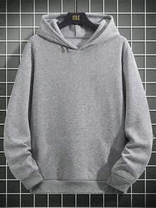 GRDR 男士休闲街头风连帽卫衣，纯色带保暖内衬，宽松版型，秋冬款 - 灰色 - 查看 4