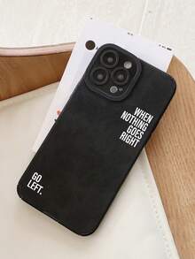 秋冬仿皮“当一切都不顺利时，向左转”励志口号印花黑色手机壳，绒面革质感，兼容 11 至 16 Pro Max 手机壳，是送给朋友和家人的完美礼物 - 黑與白 - 查看 4