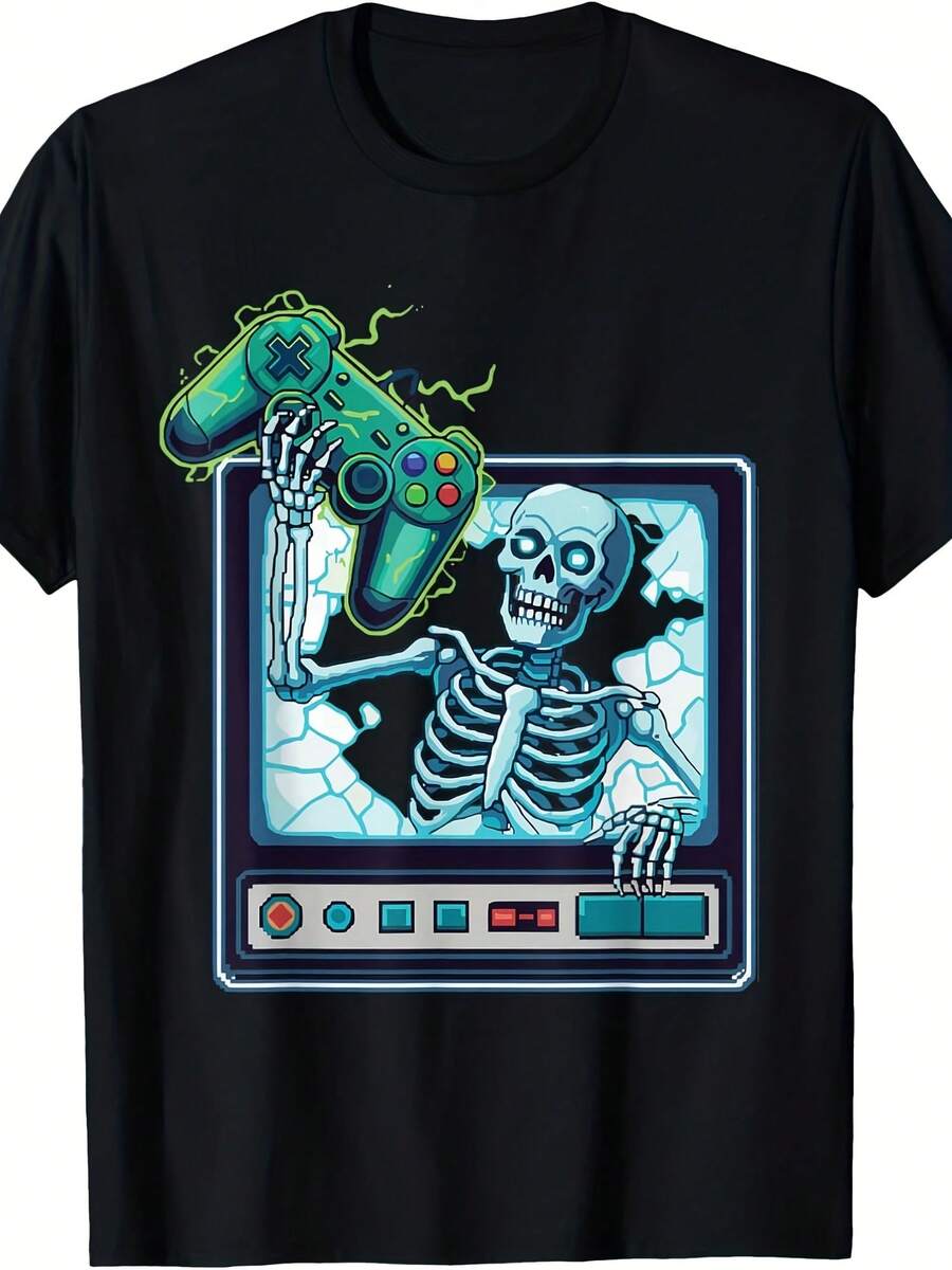 Halloween Gamer Skeleton Retro TV Console T-Shirt - 款式1 - 查看 1