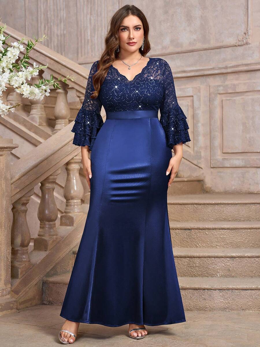 Plus V Neck Sequin Floral Lace Contrast Satin Ruffle Sleeve Mermaid Hem Formal Party Long Dress, Valentine's Day Dress, Elegant Formal Prom Wedding Guest Gown, For Graduation, Dinner, Homecoming
